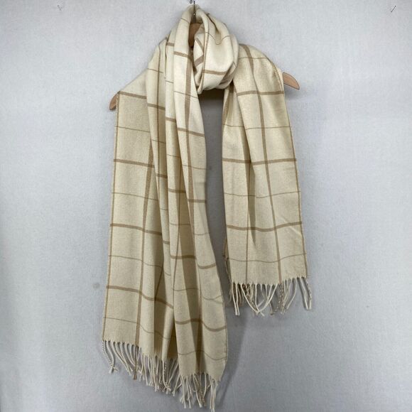 Eileen Fisher Accessories - EILEEN FISHER Scarf Cotton Metallic Check Fringe Flannel Off White Gold NEW